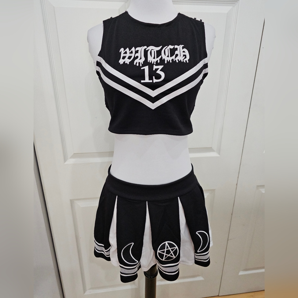 Dolls Kill Trickz N Treatz Black & White Witchy Coven Cheerleader Costume Set M - Picture 2 of 7